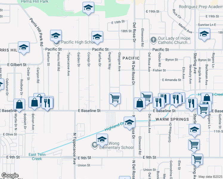 map of restaurants, bars, coffee shops, grocery stores, and more near 7153 Dwight Way in San Bernardino