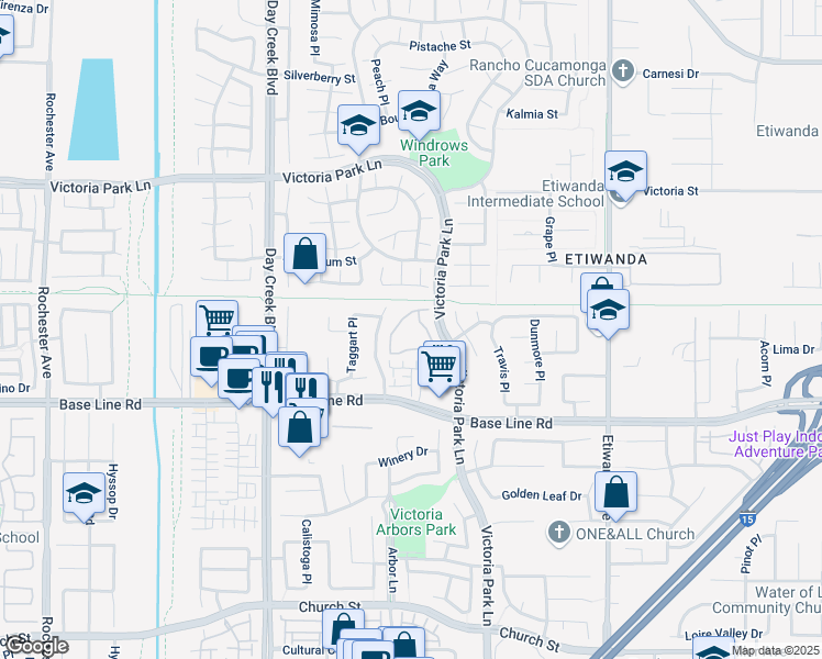 map of restaurants, bars, coffee shops, grocery stores, and more near 12584 Atwood Court in Rancho Cucamonga
