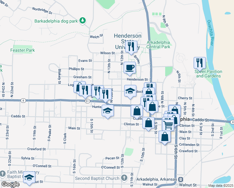 map of restaurants, bars, coffee shops, grocery stores, and more near 233 North 12th Street in Arkadelphia