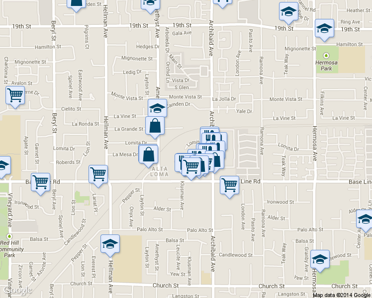 map of restaurants, bars, coffee shops, grocery stores, and more near 9601 Lomita Court in Rancho Cucamonga