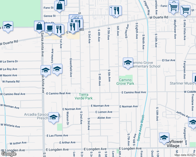 map of restaurants, bars, coffee shops, grocery stores, and more near 1419 South 4th Avenue in Arcadia
