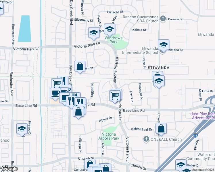 map of restaurants, bars, coffee shops, grocery stores, and more near 12584 Atwood Court in Rancho Cucamonga
