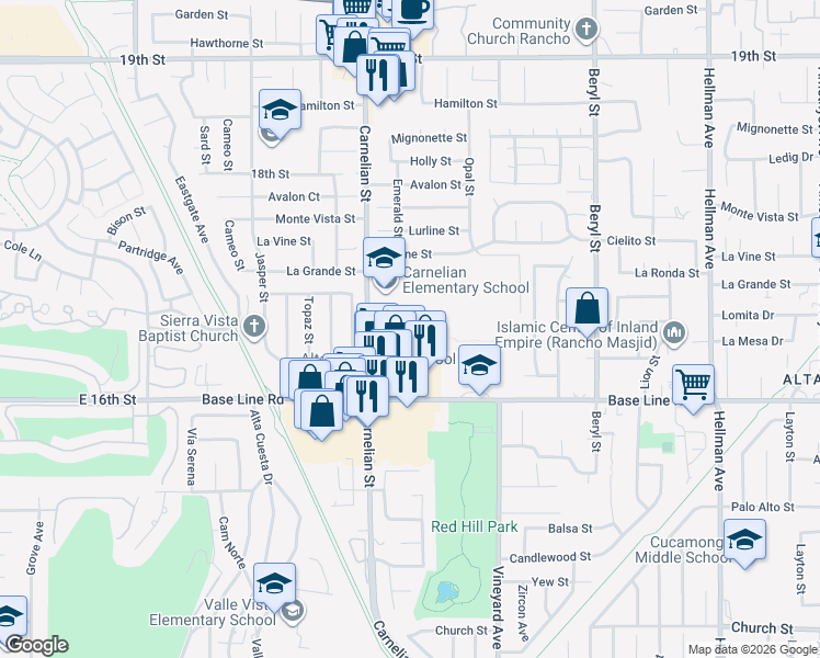 map of restaurants, bars, coffee shops, grocery stores, and more near 8749 Lomita Drive in Rancho Cucamonga