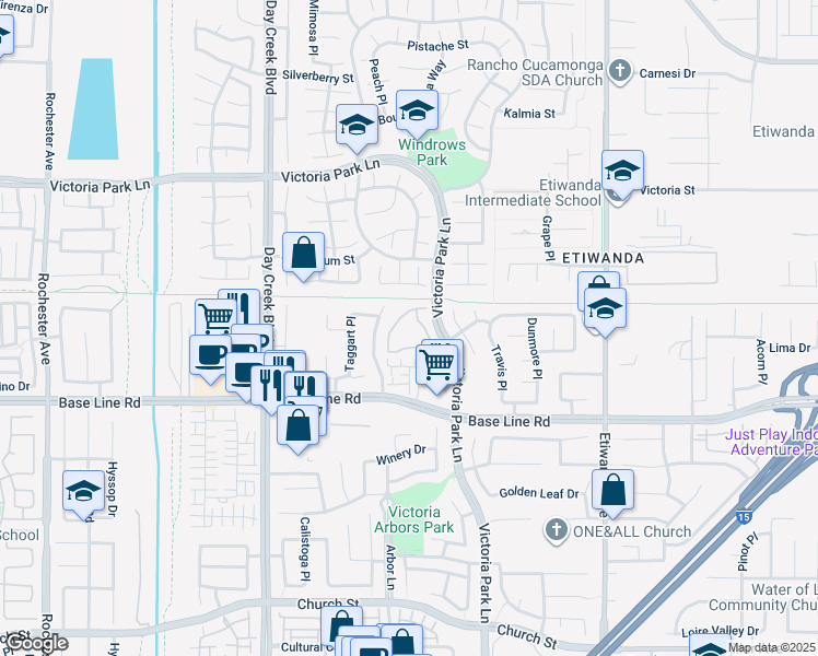 map of restaurants, bars, coffee shops, grocery stores, and more near 12584 Atwood Court in Rancho Cucamonga