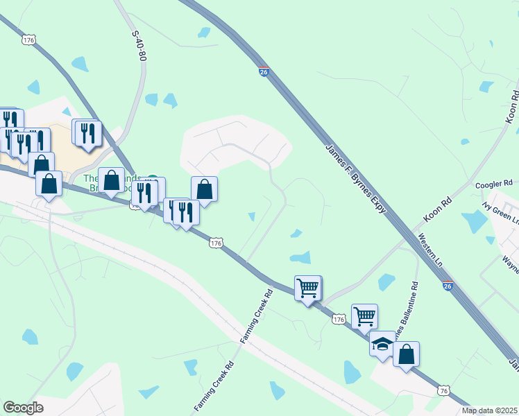 map of restaurants, bars, coffee shops, grocery stores, and more near 33 Nature Creek Trail in Irmo