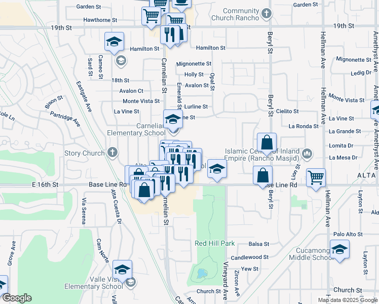 map of restaurants, bars, coffee shops, grocery stores, and more near 8792 Lomita Drive in Rancho Cucamonga