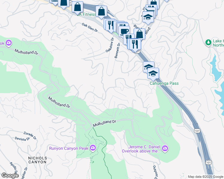 map of restaurants, bars, coffee shops, grocery stores, and more near 7242 Woodrow Wilson Drive in Los Angeles