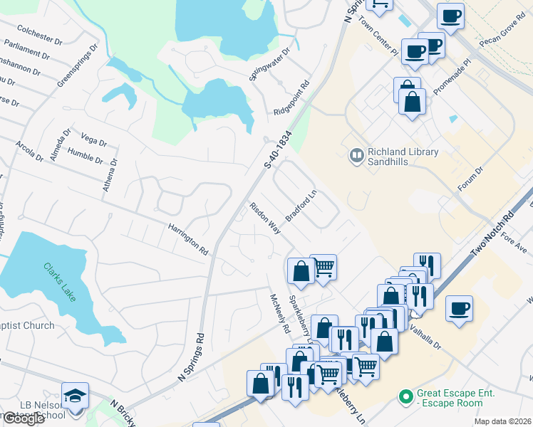 map of restaurants, bars, coffee shops, grocery stores, and more near 17 North Hillock Court in Columbia