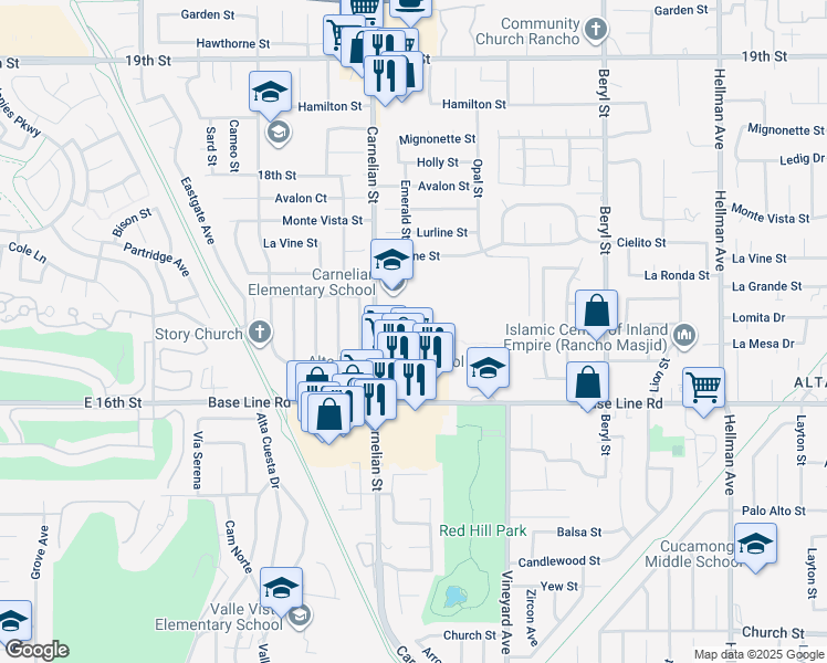 map of restaurants, bars, coffee shops, grocery stores, and more near 8768 Lomita Drive in Rancho Cucamonga