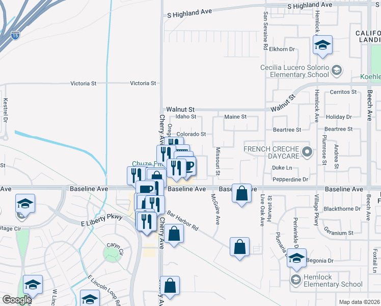 map of restaurants, bars, coffee shops, grocery stores, and more near 14610 Arizona Street in Fontana