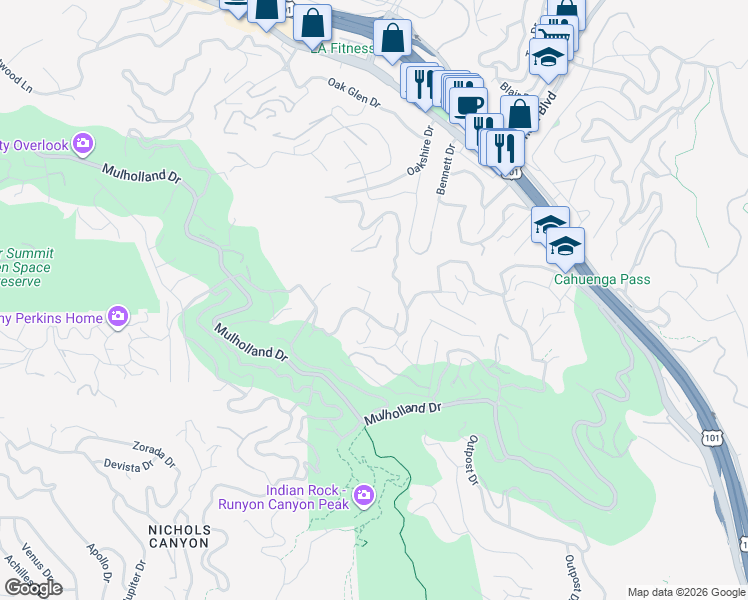 map of restaurants, bars, coffee shops, grocery stores, and more near 7321 Woodrow Wilson Drive in Los Angeles