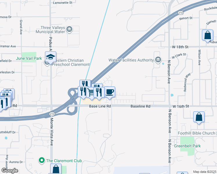 map of restaurants, bars, coffee shops, grocery stores, and more near 1640 Purple Heart Place in Upland