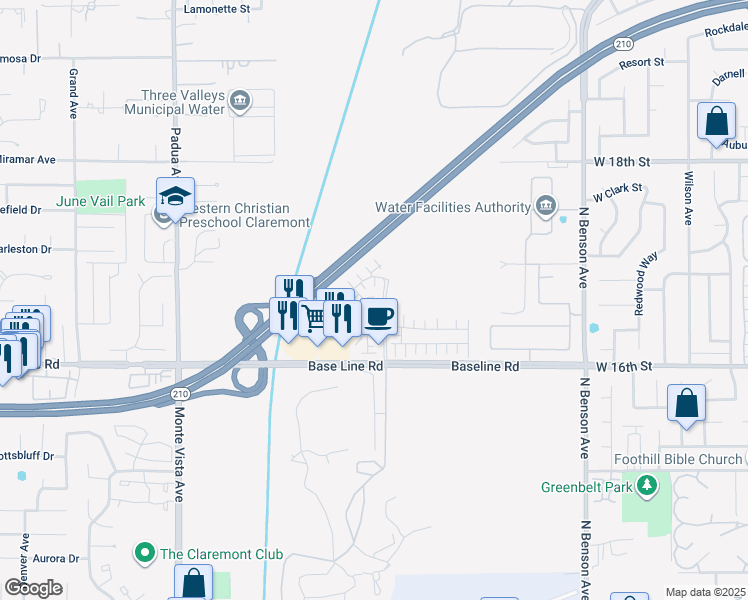 map of restaurants, bars, coffee shops, grocery stores, and more near 1640 Purple Heart Place in Upland