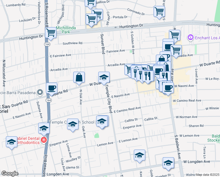 map of restaurants, bars, coffee shops, grocery stores, and more near 1222 Temple City Boulevard in Arcadia