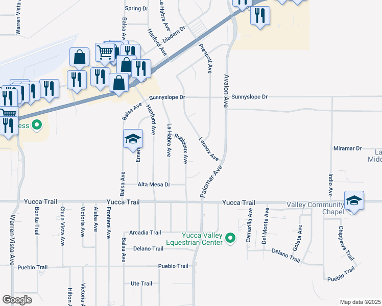 map of restaurants, bars, coffee shops, grocery stores, and more near 7115 Rubidoux Avenue in Yucca Valley