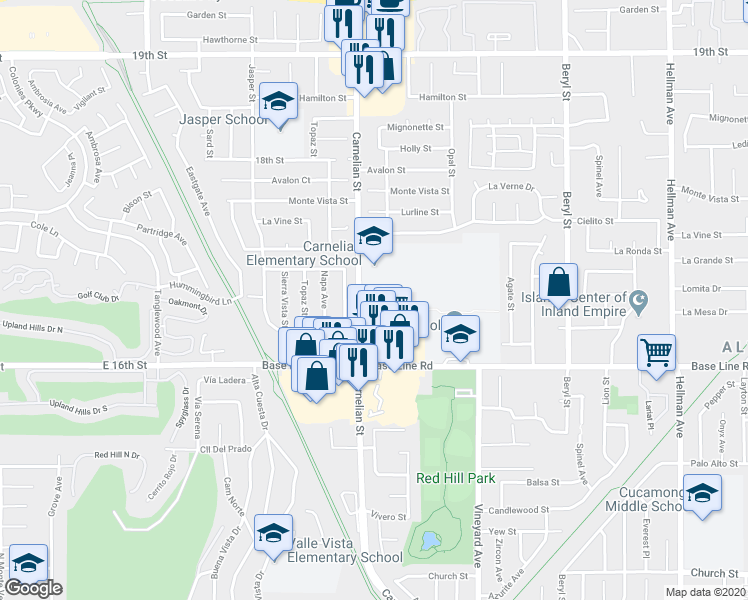 map of restaurants, bars, coffee shops, grocery stores, and more near 8732 Lomita Drive in Rancho Cucamonga