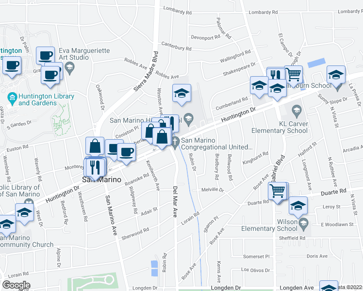 map of restaurants, bars, coffee shops, grocery stores, and more near 2620 Huntington Drive in San Marino