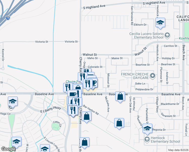 map of restaurants, bars, coffee shops, grocery stores, and more near 14610 Arizona Street in Fontana