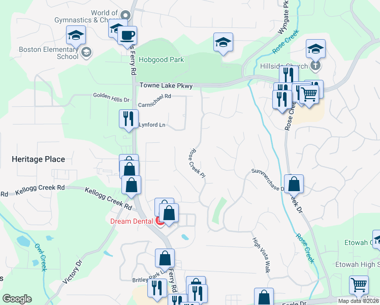 map of restaurants, bars, coffee shops, grocery stores, and more near 397 Rose Creek Place in Woodstock