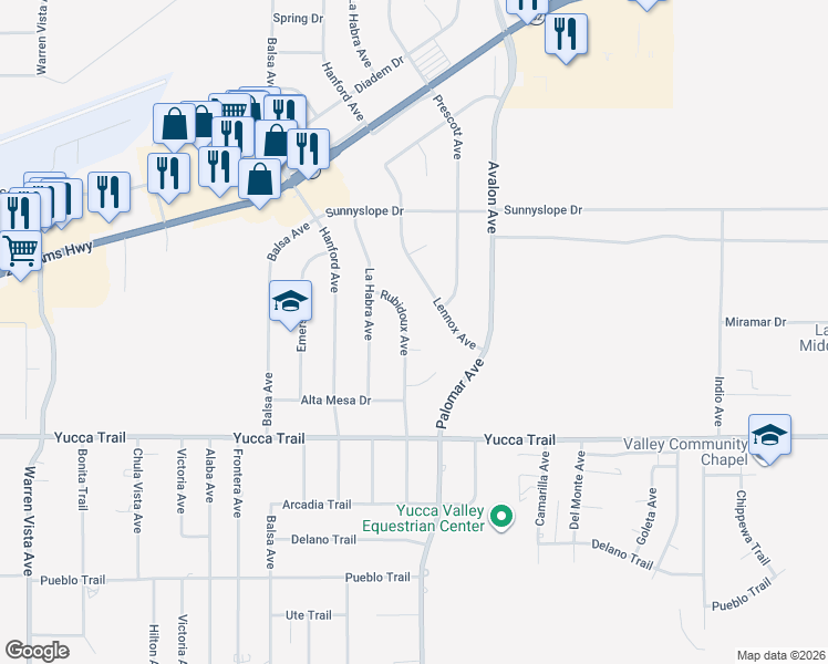 map of restaurants, bars, coffee shops, grocery stores, and more near 7115 Rubidoux Avenue in Yucca Valley