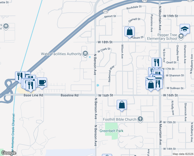 map of restaurants, bars, coffee shops, grocery stores, and more near 1586 Bridget Court in Upland
