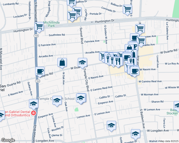 map of restaurants, bars, coffee shops, grocery stores, and more near 9618 Leroy Street in Arcadia