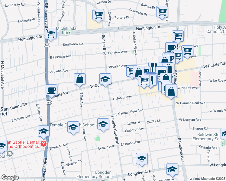 map of restaurants, bars, coffee shops, grocery stores, and more near 1228 Temple City Boulevard in Arcadia
