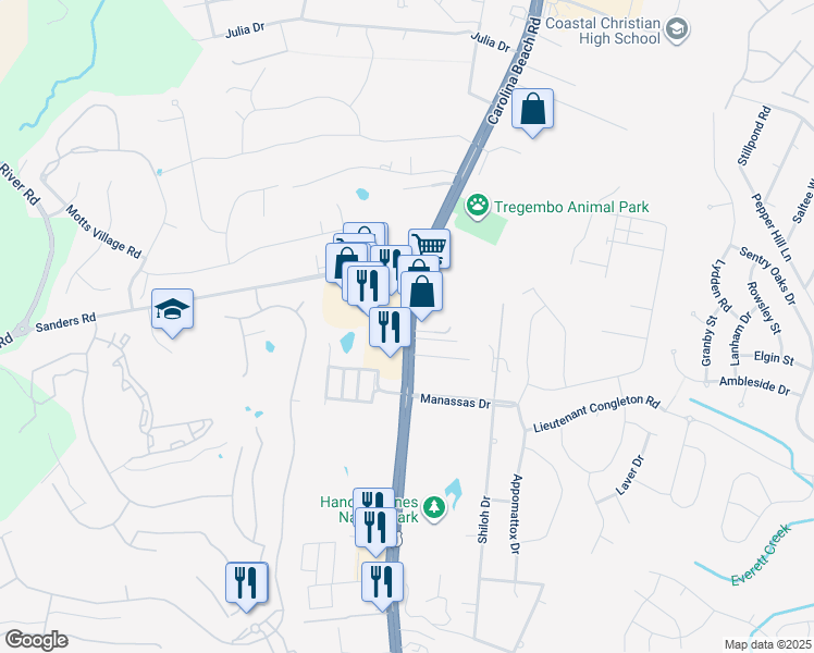 map of restaurants, bars, coffee shops, grocery stores, and more near 5944 Carolina Beach Road in Wilmington