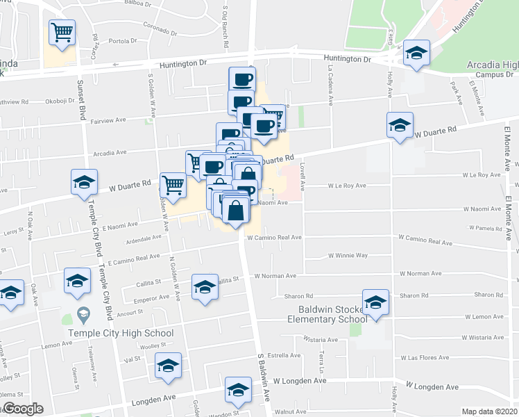 map of restaurants, bars, coffee shops, grocery stores, and more near 668 West Naomi Avenue in Arcadia