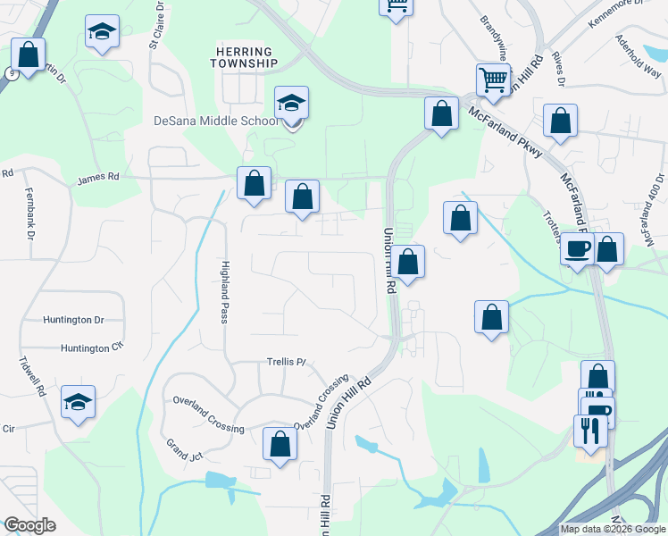 map of restaurants, bars, coffee shops, grocery stores, and more near 1625 Woodall Trace in Alpharetta