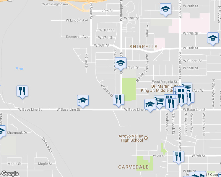 map of restaurants, bars, coffee shops, grocery stores, and more near 1347 North Colorado Avenue in San Bernardino
