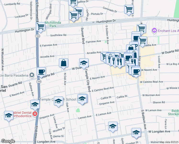 map of restaurants, bars, coffee shops, grocery stores, and more near 1222 Temple City Boulevard in Arcadia
