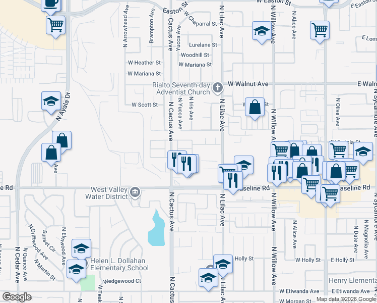 map of restaurants, bars, coffee shops, grocery stores, and more near 660 West Mariposa Drive in Rialto