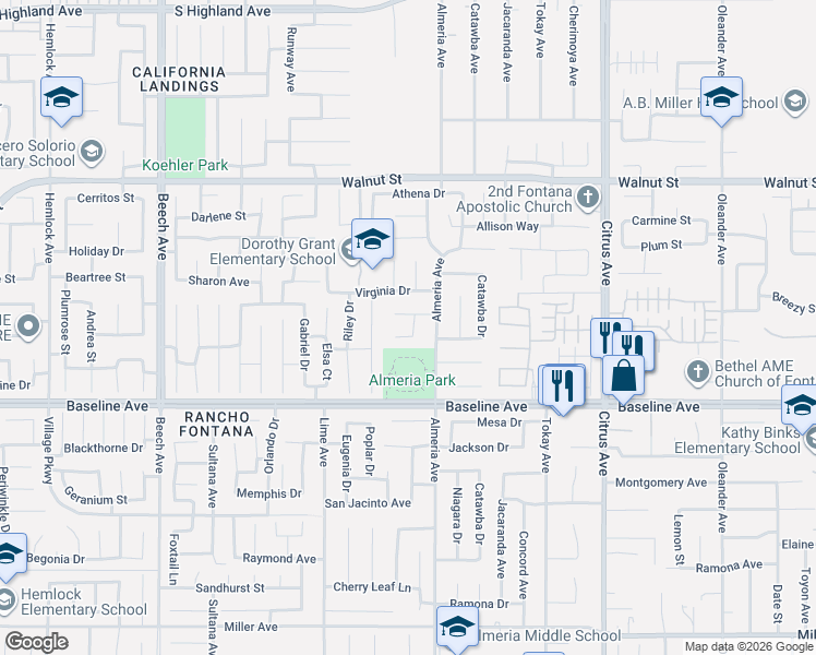 map of restaurants, bars, coffee shops, grocery stores, and more near 15717 Monteca Court in Fontana