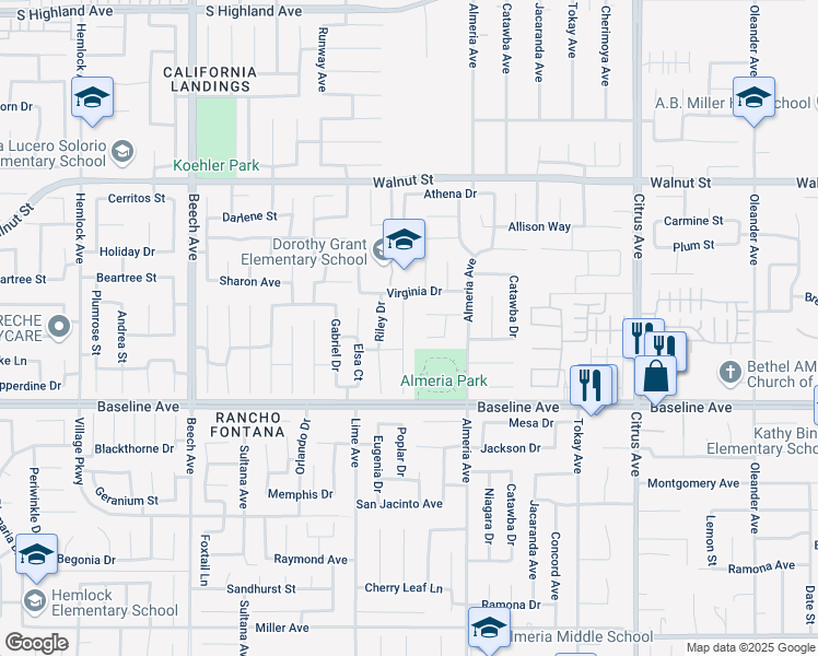 map of restaurants, bars, coffee shops, grocery stores, and more near 15717 Monteca Court in Fontana