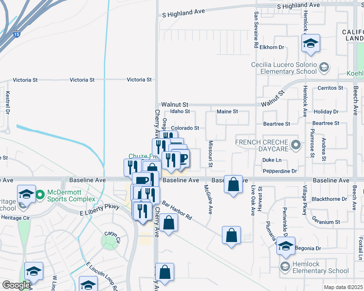 map of restaurants, bars, coffee shops, grocery stores, and more near 14615 Arizona Street in Fontana