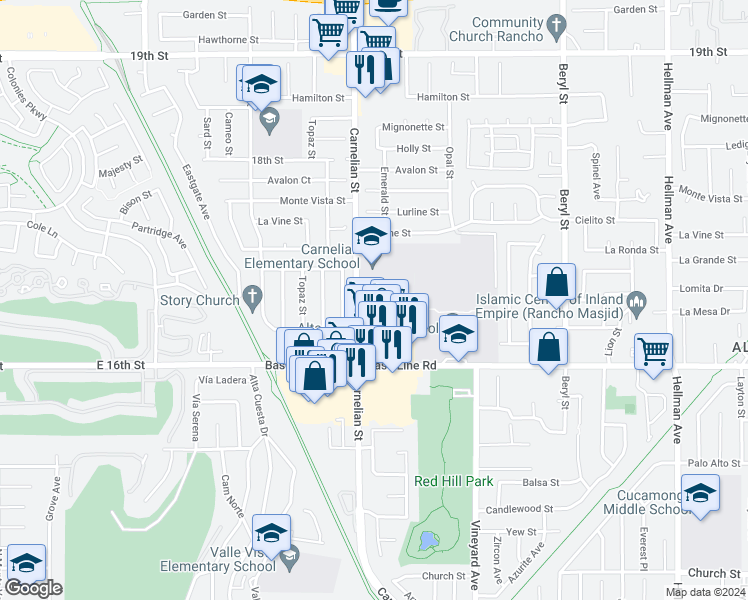 map of restaurants, bars, coffee shops, grocery stores, and more near 8749 Lomita Drive in Rancho Cucamonga