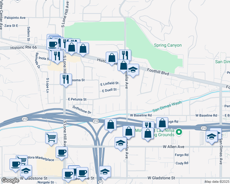 map of restaurants, bars, coffee shops, grocery stores, and more near 2213 East Petunia Street in Glendora