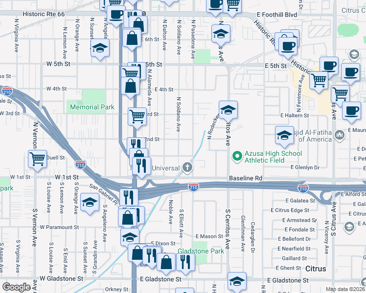 map of restaurants, bars, coffee shops, grocery stores, and more near 153 North Pasadena Avenue in Azusa