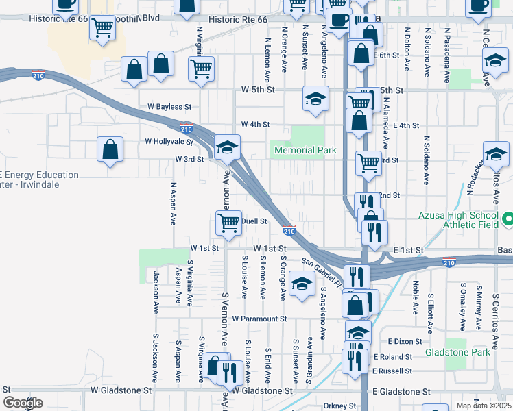 map of restaurants, bars, coffee shops, grocery stores, and more near 719 West Duell Street in Azusa