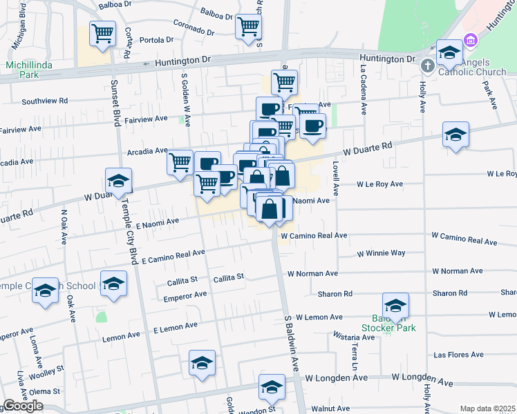 map of restaurants, bars, coffee shops, grocery stores, and more near 1415 South Baldwin Avenue in Arcadia