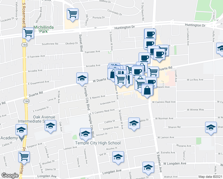 map of restaurants, bars, coffee shops, grocery stores, and more near 9753 East Naomi Avenue in Arcadia