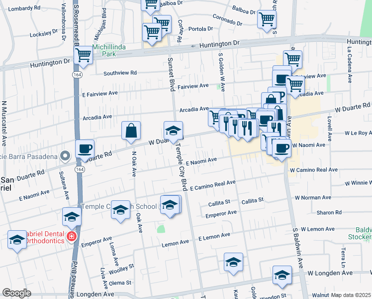 map of restaurants, bars, coffee shops, grocery stores, and more near 9618 Leroy Street in Arcadia