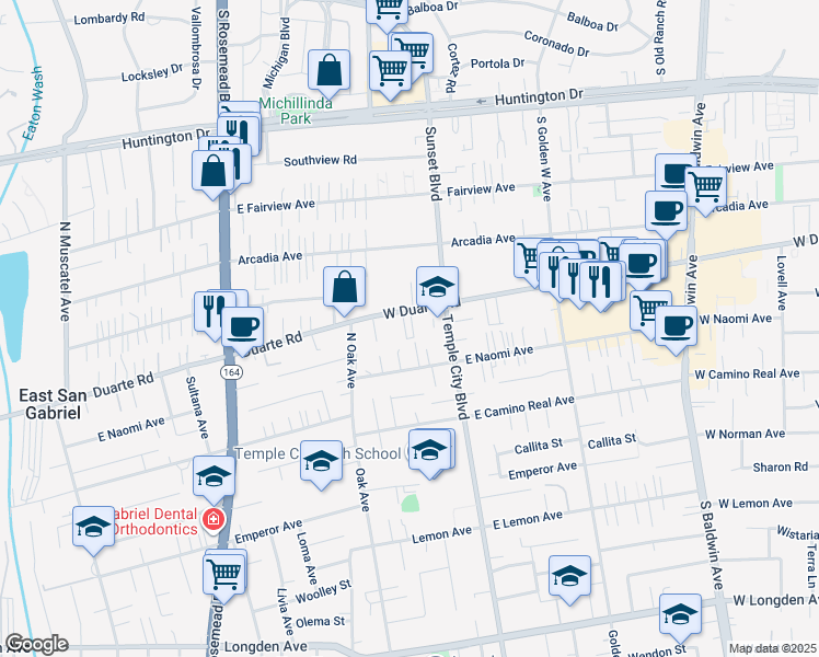 map of restaurants, bars, coffee shops, grocery stores, and more near 1150 West Duarte Road in Arcadia