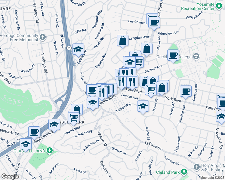 map of restaurants, bars, coffee shops, grocery stores, and more near 4331 North Eagle Rock Boulevard in Los Angeles