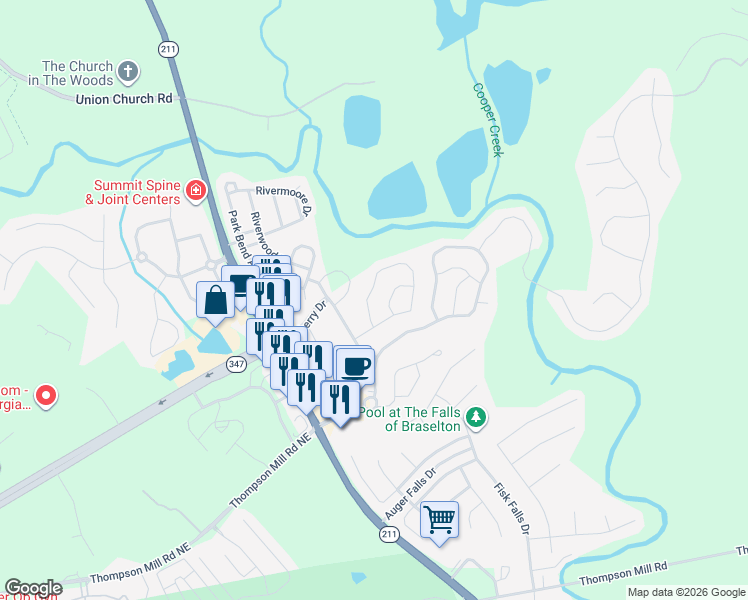 map of restaurants, bars, coffee shops, grocery stores, and more near 2690 Beech Tr in Braselton