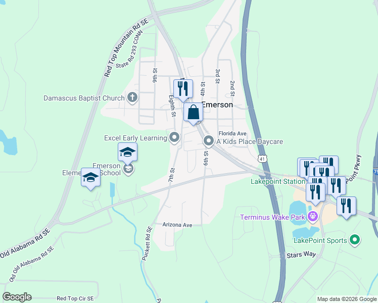 map of restaurants, bars, coffee shops, grocery stores, and more near 724 Georgia 293 in Emerson