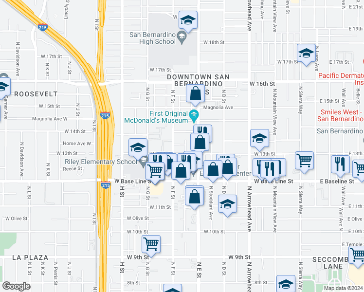 map of restaurants, bars, coffee shops, grocery stores, and more near 1330 Acacia Avenue North in San Bernardino