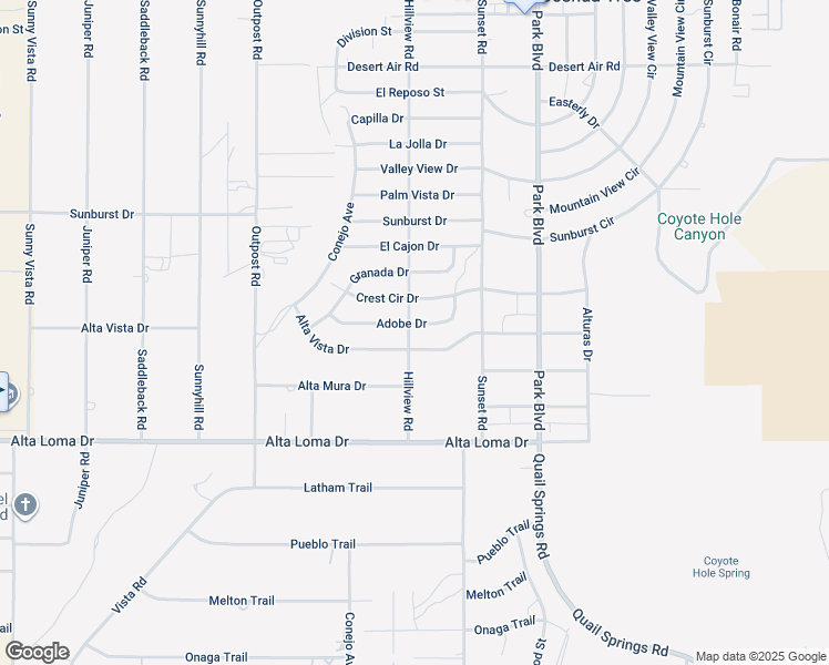 map of restaurants, bars, coffee shops, grocery stores, and more near 7107 Hillview Road in Joshua Tree