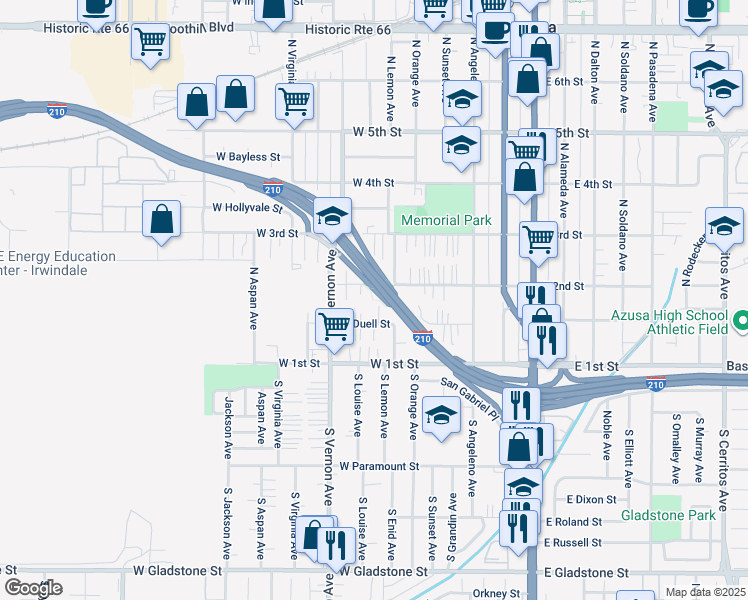 map of restaurants, bars, coffee shops, grocery stores, and more near 719 West Duell Street in Azusa